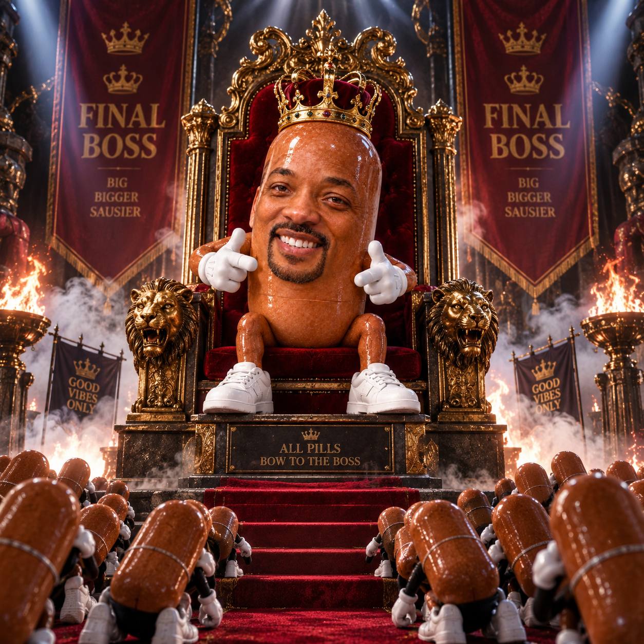 PILL SMITH crowned as the Final Boss on a golden throne with an army of pills bowing