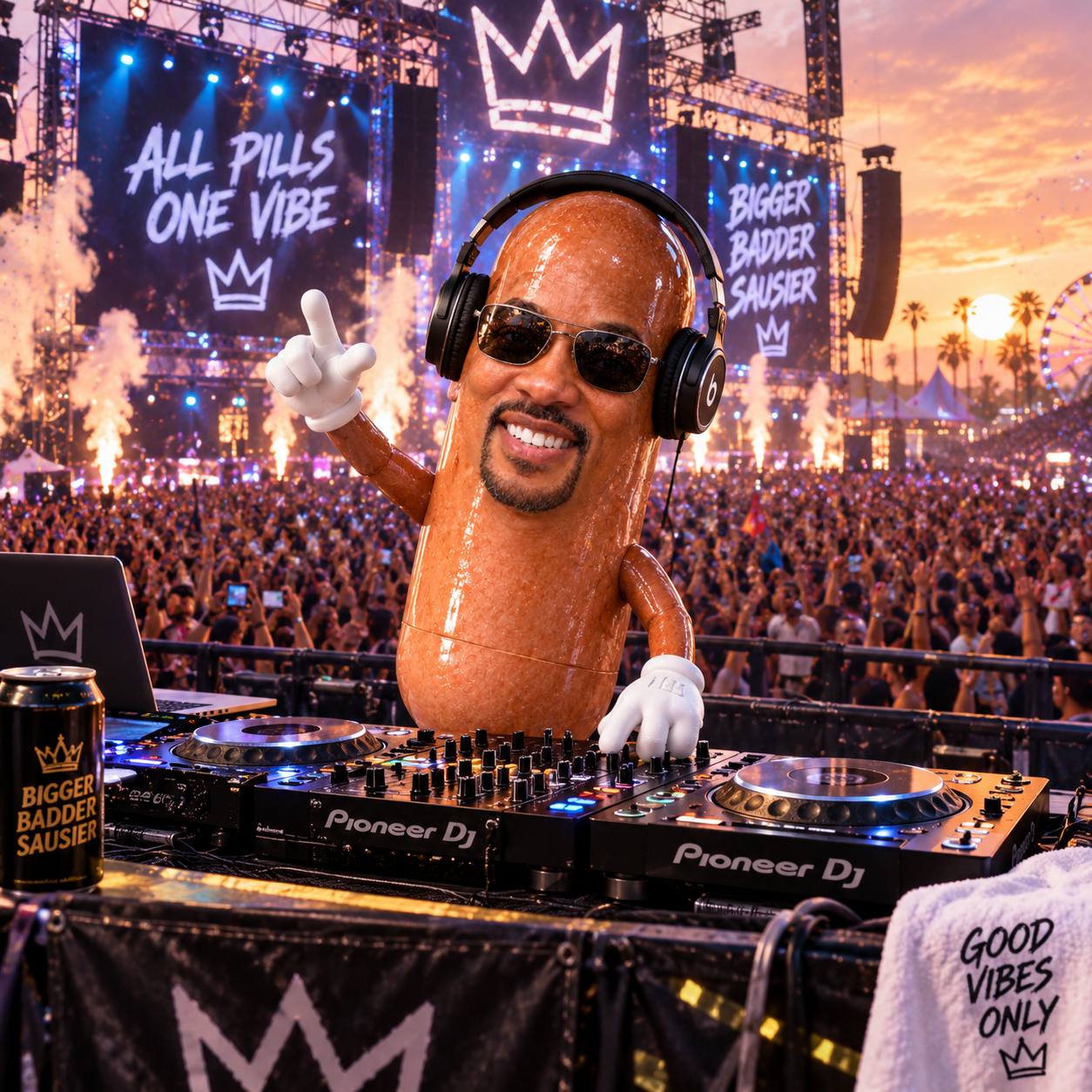 PILL SMITH DJing at a festival with headphones and sunglasses