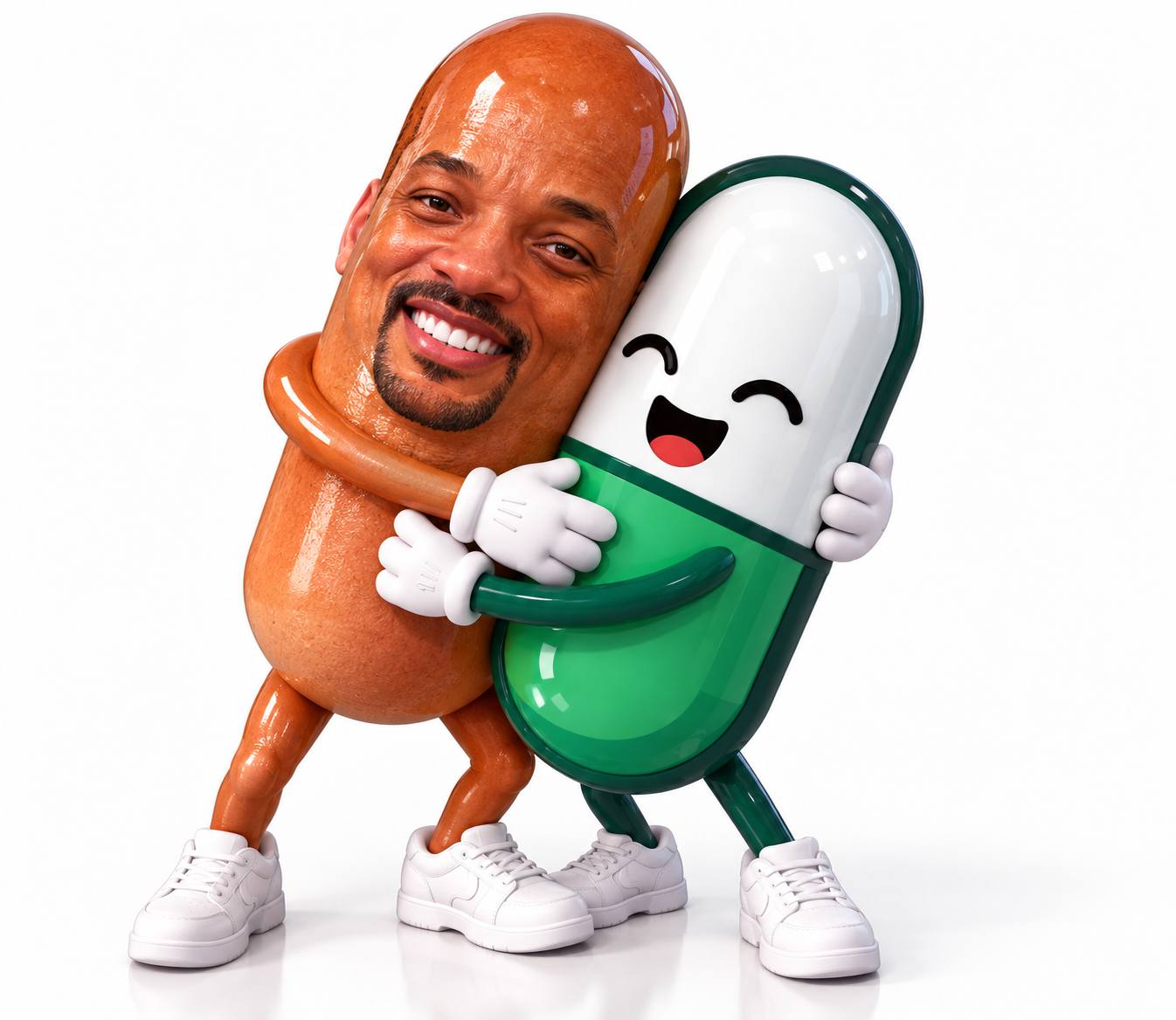 PILL SMITH hugging a cheerful green capsule buddy