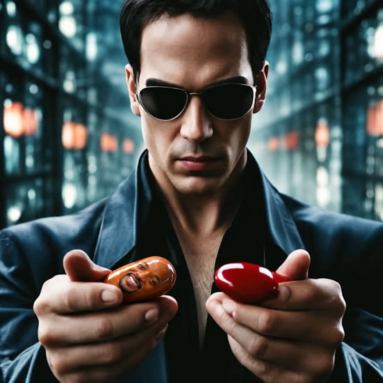 A Neo-style figure offering the orange PILL SMITH pill and a red pill
